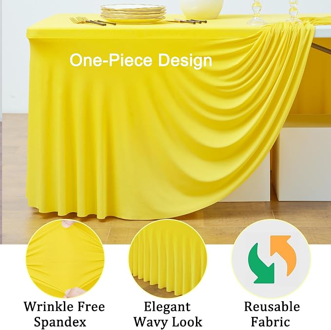 6 Pack Yellow Spandex Tablecloth for 6 Foot Rectangle Tables, Wrinkle Free Fitted Table Cloth Cover 6ft Yellow Stretchy Tablecloths with Skirt for Parties Weddings Birthday Banquet Baby Shower - Image 4