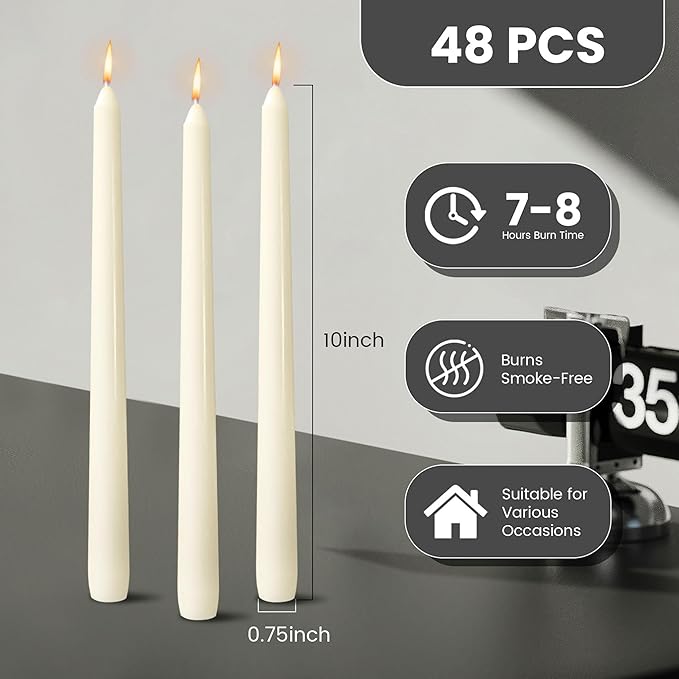 OSHINE 10 Inch Ivory Taper Candles - 48 Pack Long Taper Candle Dripless Unscented Smokeless & Emergency 7-8 Hours Long Burning Tall Candlesticks Ideal for Valentine, Weddings, Dinner Party