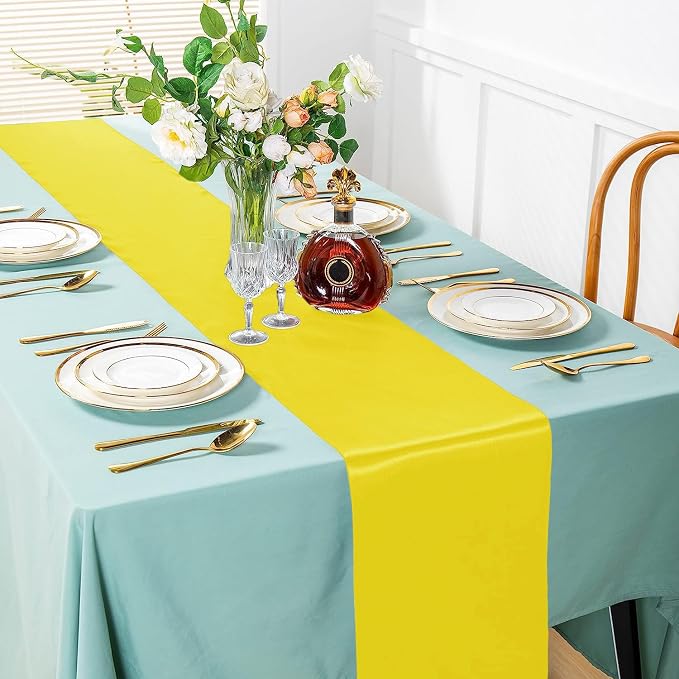 SI Pack of 5 Wedding 12 x 108 inch Satin Table Runner for Wedding, Decorations for Graduations, Engagements, Birthday Parties, Banquets, Runners fit Rectangle, Round Table - Yellow - Image 2