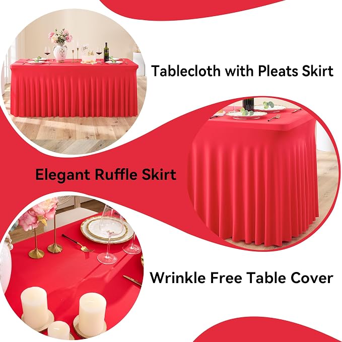 6 pk Red Spandex Tablecloth 6ft with Ruffle Skirt,Wrinkle Free High Stretch Fitted Tablecloths for 6 Foot Rectangle Tables,Pleated Skirts Spandex Table Covers 6ft for Christmas Party Banquet Wedding - Image 2