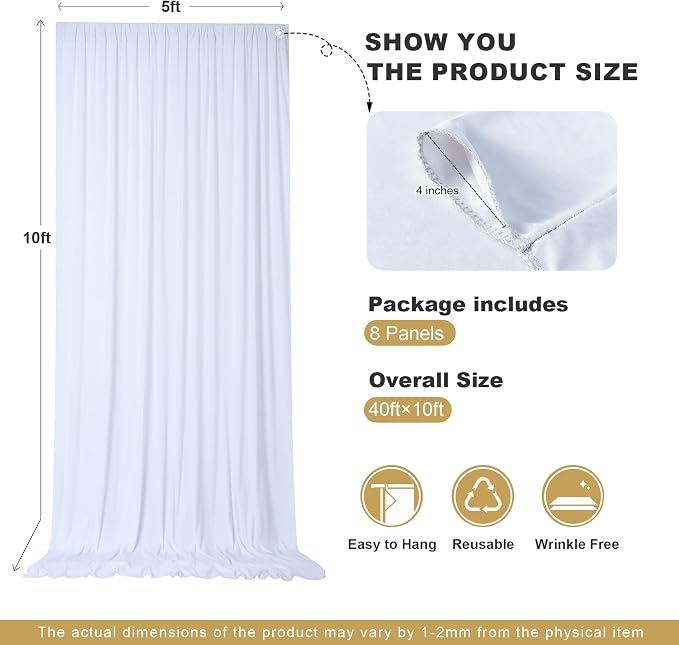 40x10ft White Backdrop Curtains for Parties, 8 Panels 5x10ft Wrinkle-Free Polyester Background Curtains for Wedding, Birthday, Baby Shower,Graduation, Decorations - Image 3