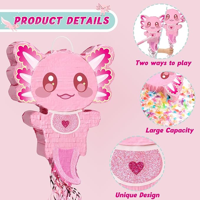 WERNNSAI Pink Axolotl Pinata - Axolotl Party Game Girl Pink Pinata Baby Shower Favors Under the Sea Birthday Party Decorations for Ocean Amphibious Animal Lovers Supplies