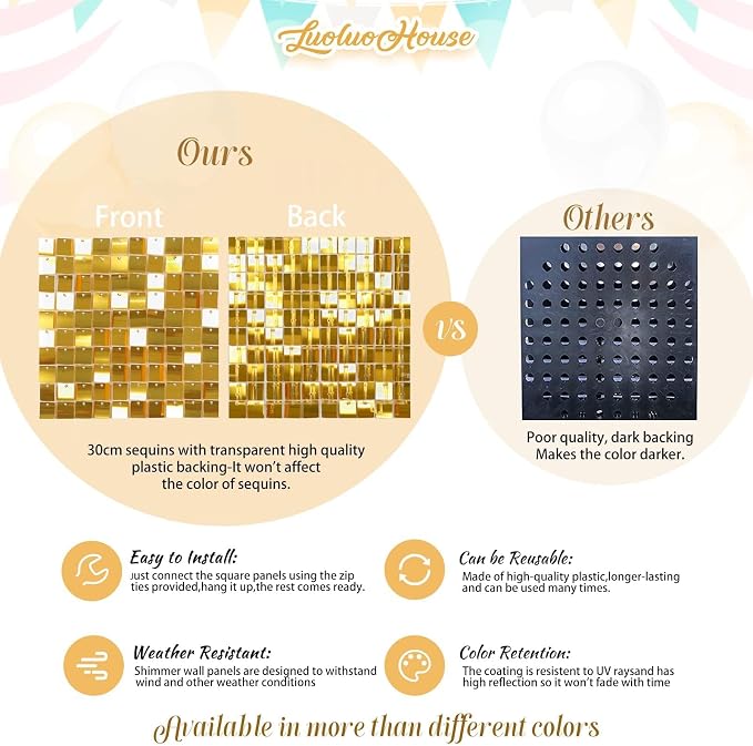 Gold Shimmer Wall Backdrops Sequin Panel Backdrop 36 Panels Birthday Wedding Background Decoration Wall - Image 6