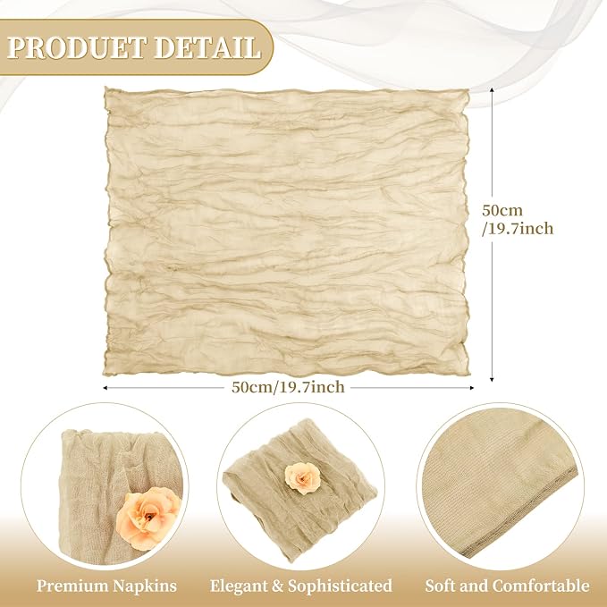 fani 60 Pack Gauze Cheesecloth Napkins, 20 x 20 in, Beige | Wrinkled Table Napkins, Soft Cotton, Rustic Decorative, Weddings, Party, Dinner Table, Everyday Use - Image 2