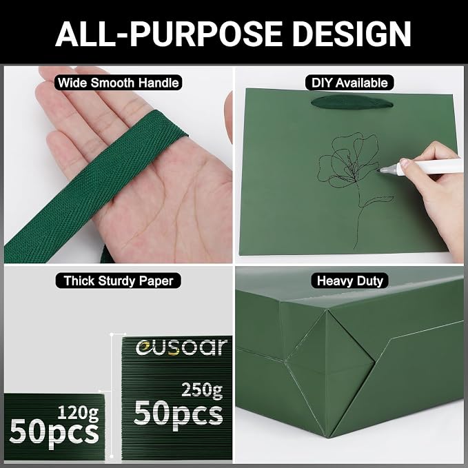 EUSOAR Paper Bags with Handles, 50pcs 10.6"x3.1"x8.3" Gift Bags Medium Size, Shopping Paper Wrap Bulk Grocery Retail Craft Bag Wedding Birthday Christmas Party Thank You Favor Bag - Image 3