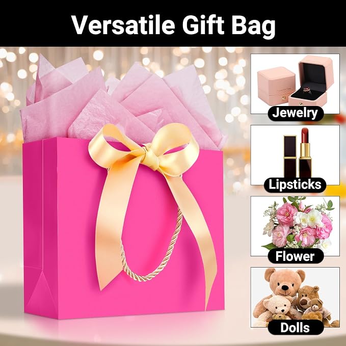 EUSOAR Hot Pink Heavy Duty Gift Bags, 20pcs 8.6"x3.9"x7" with Handle & Ribbon, Perfect for Weddings, Birthdays, Anniversaries & More - Image 4