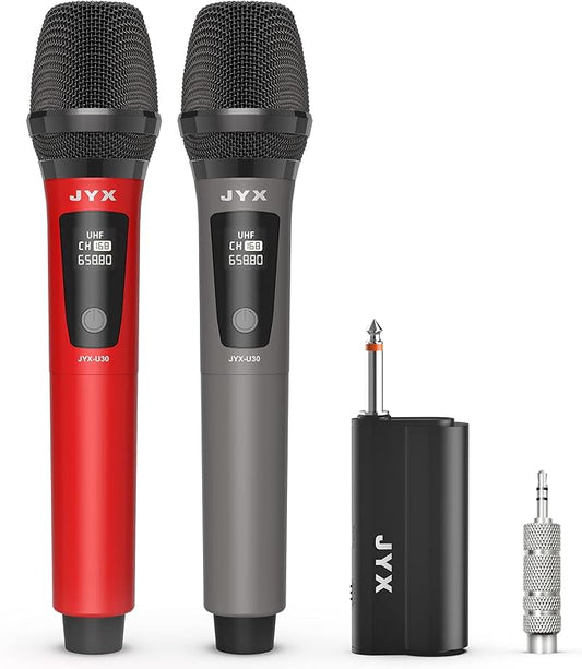 JYX PartyBox Wireless Microphone, Dual UHF Handheld Dynamic Mic with Receiver, 6.35mm(1/4") Output, 3.5mm(1/8") Adapter, Clear Voice, Rechargeable Battery Karaoke Mics Compatible with All Speakers
