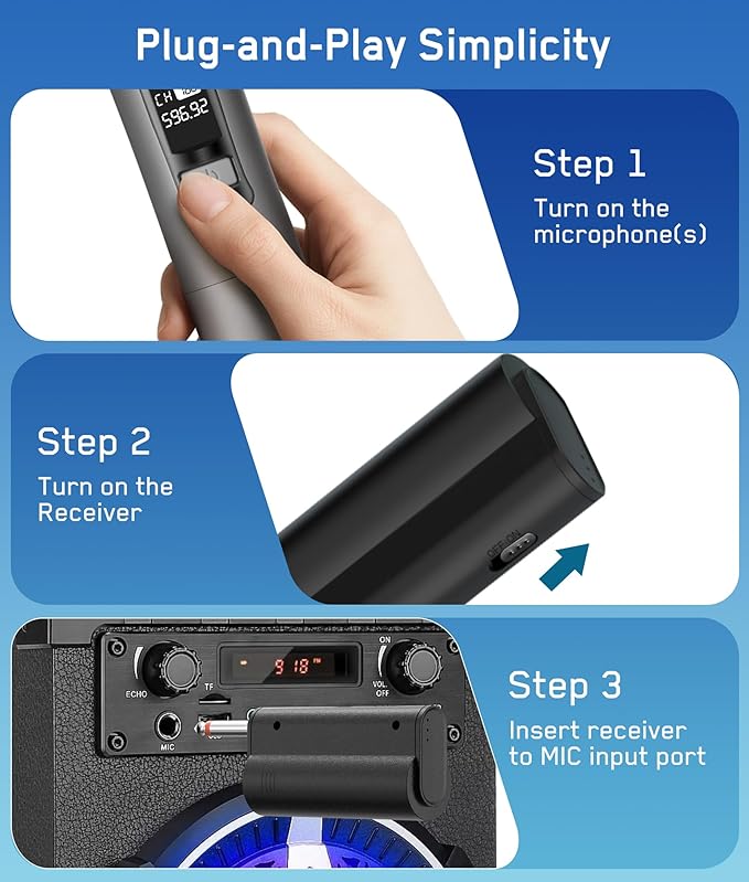 Rechargeable Wireless Microphone, Two Metal UHF Microphones with 1/4" Receiver, Plug-and-Play for Karaoke Singsing, Lecture, Stage Performance, PA System (Green - One Mic)