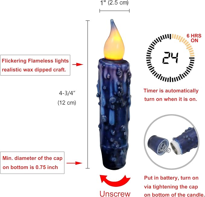 CVHOMEDECO. Real Wax Hand Dipped Battery Operated LED Timer Taper Candles Rustic Primitive Flameless Lights Decor, 4-3/4 Inch, Navy Blue, 3 PCS in a Package
