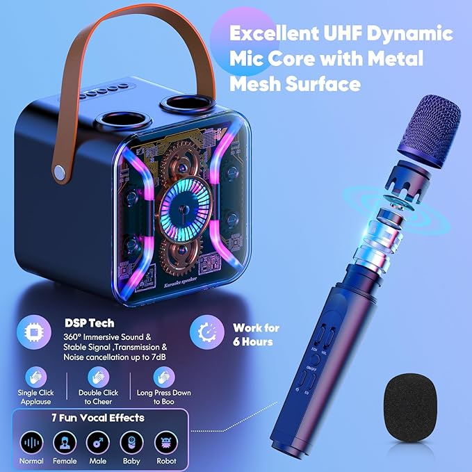 Karaoke Machine for Adults with Two Wireless Microphones, PA System Bluetooth Speaker with Microphone Supports Bass Treble, TF Card, USB, AUX, Karaoke Machine for TV, Party, Birthday (Black)