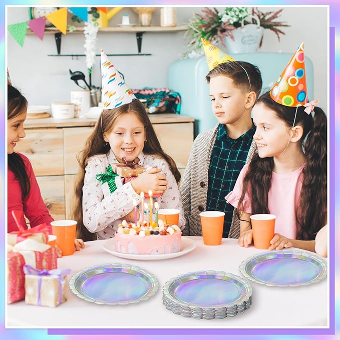 30 Pcs Iridescent Plates Disposable 9 Inch Scalloped Holographic Plates Sliver Birthday Cake Dessert Plate for Mermaid, Disco, Unicorn Birthday