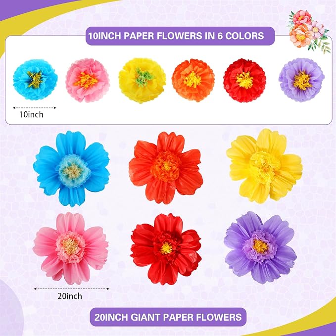 Crowye 12 Pcs Large Tissue Paper Flower Decor,10'' 20'',Cute Color | Giant Craft Crepe Paper Flower, Colorful, for Wall Decorations Backdrop Mexican Wedding Birthday Carnival School Party - Image 2