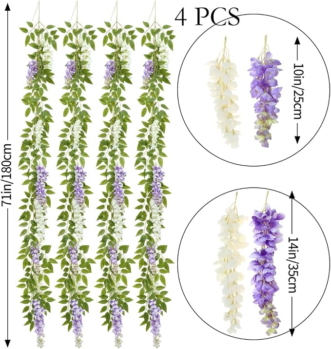4 Pcs Two-Tone Flower Vine Artificial Wisteria Garland Silk Faux Hanging | purple-white Suitable for Home Hotel Stairs Wedding Arch Party Indoor Outdoor Decoration - Image 2