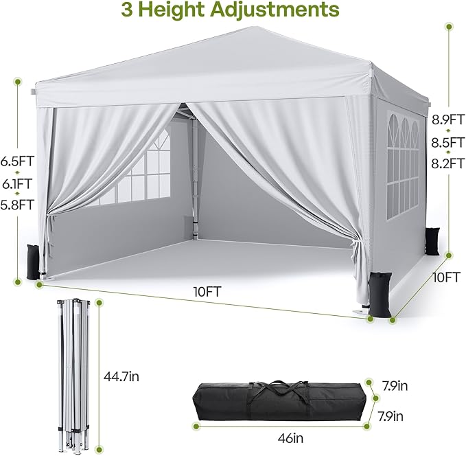 10x10 Pop Up Canopy with Sidewalls, Instant Portable Canopy Tent with Carry Bag for Commercial Events, Camping, Parties - White