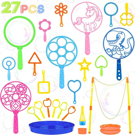 27 Pcs Big Bubble Wands Toys Set, Giant Bubble Wands with Tray for Kids Summer Outdoor Toys Bubbles Party Favors Bubbles Maker Bulk for Kids Toddlers Boys Girls Age 3 4 5 6 7 8+