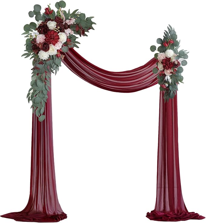 Olalaka Burgundy Artificial Wedding Arch Flowers Kit (Pack of 3) with 26Ft Burgundy Shiny Arch Draping Fabric for DIY Wedding Party Ceremony Reception Backdrop Floral Decoration by Love%C2%A0Every%C2%A0Bit%C2%A0of%C2%A0Life