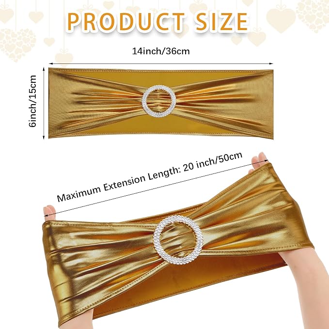 CHENGU 150 Pcs Glossy Gold Chair Sashes with Buckle, Stretch Bands - Image 2