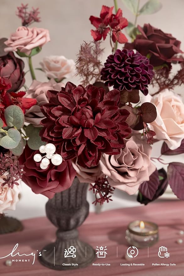 Ling's moment Artificial Wedding Flowers Combo, Dusty Rose & Burgundy, Deluxe | Fake Flower Greenery Stems Foam Roses Dahlia Silk Peonies Eucalyptus for DIY Bridal Bouquets, Table Centerpieces, Home Decor - Image 3