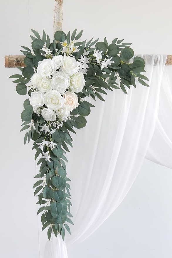 Olalaka White Artificial Wedding Arch Flowers Kit (Pack of 3) with 26Ft White Shiny Arch Draping Fabric for DIY Wedding Party Ceremony Reception Backdrop Floral Decoration - Image 6