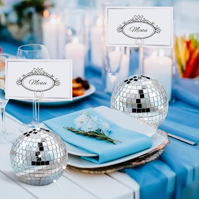 Maitys 20 Set Disco Ball Table Number Holders Silver,60pcs/20 Set,4 Inch | Swirl Wire Clips for Place Cards, Name Tags, Photo Stand, Wedding Bachelorette Party Decor, Includes 40 Blanks for Guests - Image 5