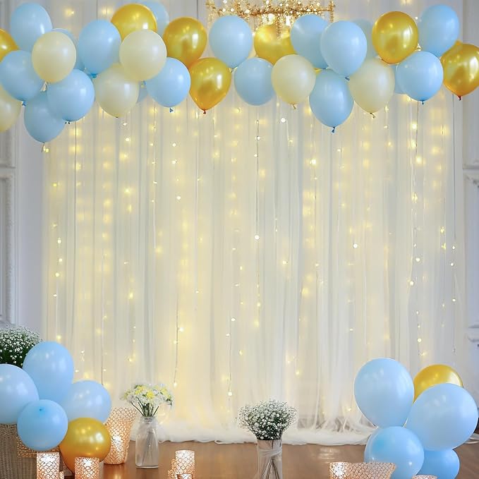 30ft x 8ft Ivory Backdrop Curtain Panels with Lights String for Parties, Sheer Tulle Wedding Backdrop Drapes for Baby Shower Birthday Party Home Decorations - Image 2
