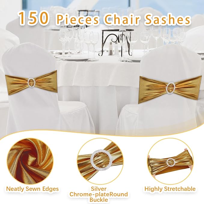 CHENGU 150 Pcs Glossy Gold Chair Sashes with Buckle, Stretch Bands - Image 3