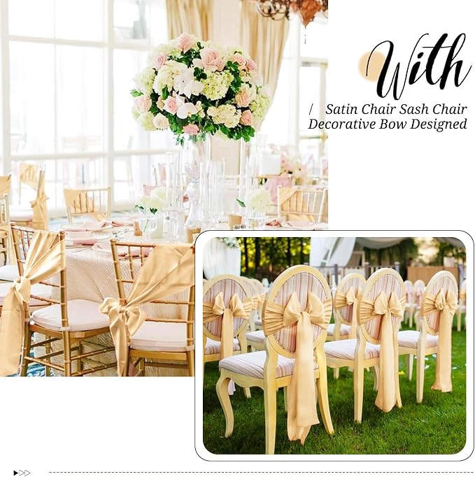 Pesonlook 100Pcs Satin Chair Sashes Ties, Champagne Satin Chair Sashes Bows Chair Cover Back Tie Supplies for Wedding Reception Events Banquets Party, Hotel Event, Chairs Decoration | Satin Chair Sashes Bows Chair Cover Back Tie Supplies for Wedding Re... - Image 3