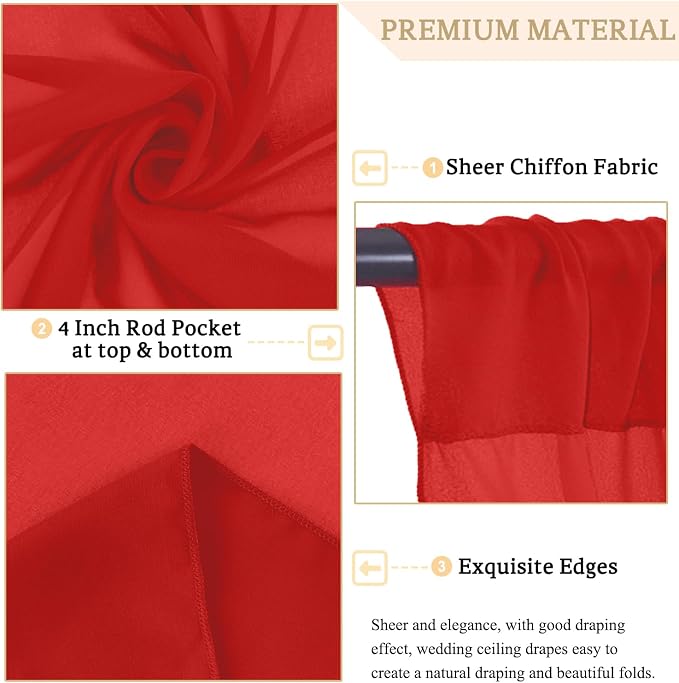 MODFUNS 4 Panels Red Ceiling Drapes 5FTx20FT Chiffon Fabric Draping Fabric Sheer Wedding Ceiling Drapery Chiffon Curtains for Backdrop Swag Drape Curtains for Wedding Arches Anniversary Tent Draping - Image 4