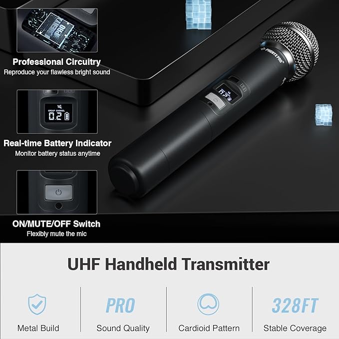 Phenyx Pro Wireless Microphone System, Dual Mic Set with Handheld/Bodypack/Lapel Mics,Auto Scan, 2x100 UHF Frequencies,328ft Range,Cordless Microphone for Singing, Karaoke, Church(PTU-71-1H1B)