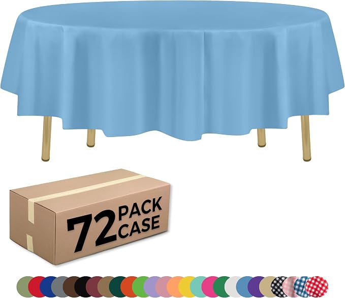 ZIMPLEWARE Sky Blue Standard Disposable Plastic Party Tablecloth [Case of 72] 84 x 84” Round Table Cover for Indoor & Outdoor Use by Zimpleware