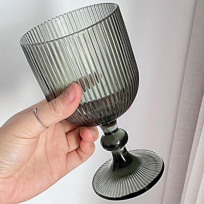 Water Goblets set of 6 Vintage Glassware 13 oz Colored Wine Glass Drinking Glass Vertical Line Embossed Pattern Stemmed Cups for Wedding Party Bar Grey