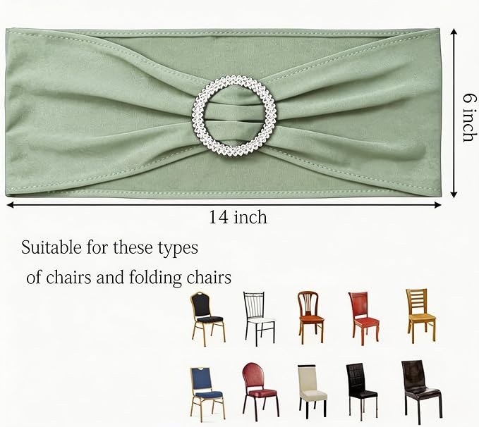 Pack of 50 Spandex Sage Green Chair Sashes for Wedding Elastic Chair Bands with Buckle Slider, Stretch Chair Bows for Party, Without White Chairs Covers (Sage Green) - Image 3