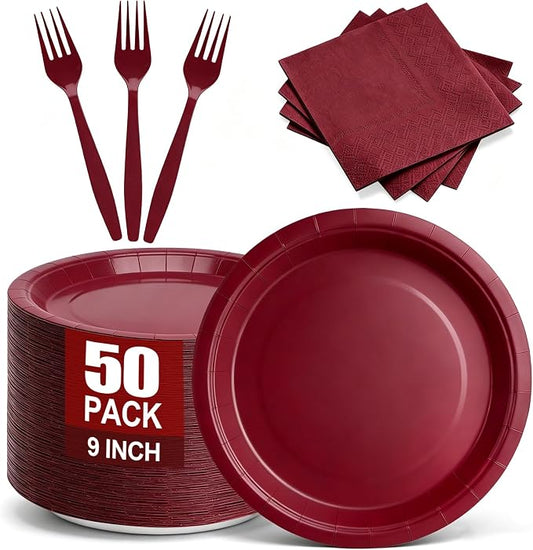 150Pcs Burgundy 9inch Paper Plates and Napkins for Birthday,Christmas Party | Burgundy Party Plates and Napkins Set, Disposable 9’’ Dinner Plates Party Supplies for Maroon Party Decorations Serves 50 by CENLBJ