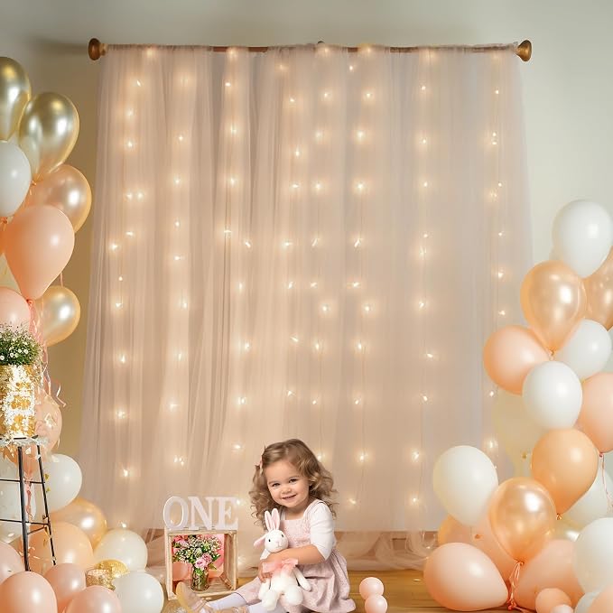 10ft x 8ft Champagne Backdrop Curtain with Lights String for Parties, Sheer Tulle Wedding Photo Backdrops Drapes for Baby Shower Birthday Party Decorations Background for Photography - Image 5