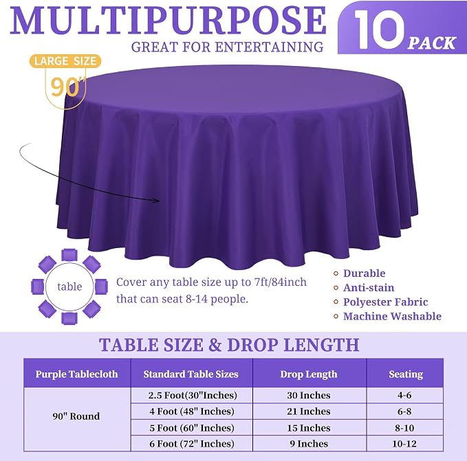 Showgeous 90 Inch Purple Round Tablecloths, Polyester Table Covers | 10 pack Tablecloths for Round Tables Washable polyester Table Cloth Decorative Fabric for Dining Wedding Party Banquet Buffet - Image 2