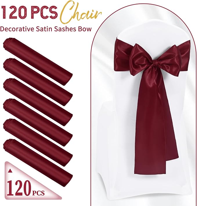 120 PCS Burgundy Satin Chair Sashes, 7 x 108 Inch | Ties Bows Designed Chairs Decorative, Chair Cover Sashes for Wedding Christmas Banquet Party Home Kitchen Decoration - Image 2
