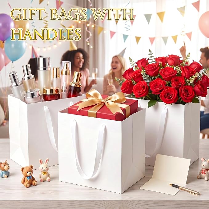 Windyun 25 Pcs Square Paper Gift Bags with Handle 12 x 12 x 12'' Large Favor Bag Bulk with DIY Thank You Tag for Wedding Bridal Shower Graduation Bridesmaid Birthday Party (White) - Image 4