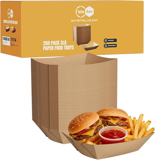 Disposable Paper Food Trays 3lb, 250 Pack Large Brown Paper Boats - Heavy Duty for Large Nachos, BBQ Ribs, Family Fries, Tacos - Ideal for Party Hosts, Sports Fans, Carnivals by TurboBee