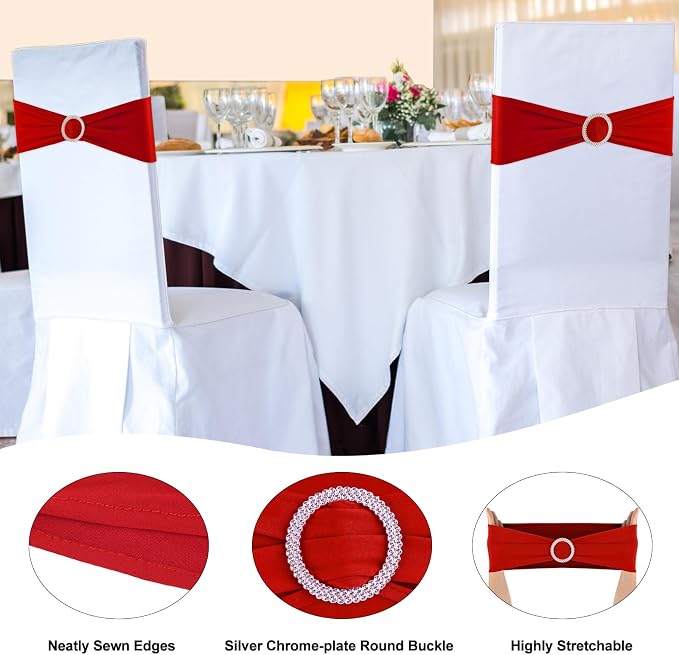 Red Chair Sashes 25 Pack Spandex Stretch Chair Band Sashes with Buckles for Folding Chairs Wedding Party Reception Baby Shower Events Banquet Decorations - Image 3
