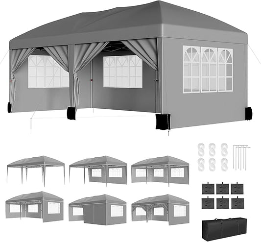 10X20FT Pop Up Wedding Party Tent with 6 Sidewalls, Heavy Duty Commercial Outdoor Canopy All Season Wind & Waterproof Canopy Gazebo with Storage Bag, Gray