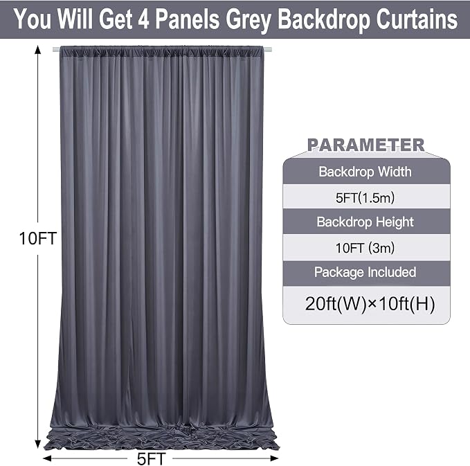 20ft×10ft Wrinkle Free Grey Backdrop Curtain for Parties, 4 Panels 5×10ft Soft Silky Polyester Charcoal Photo Backdrop Drapes for Wedding Birthday Baby Shower Photography Backgrounds - Image 3