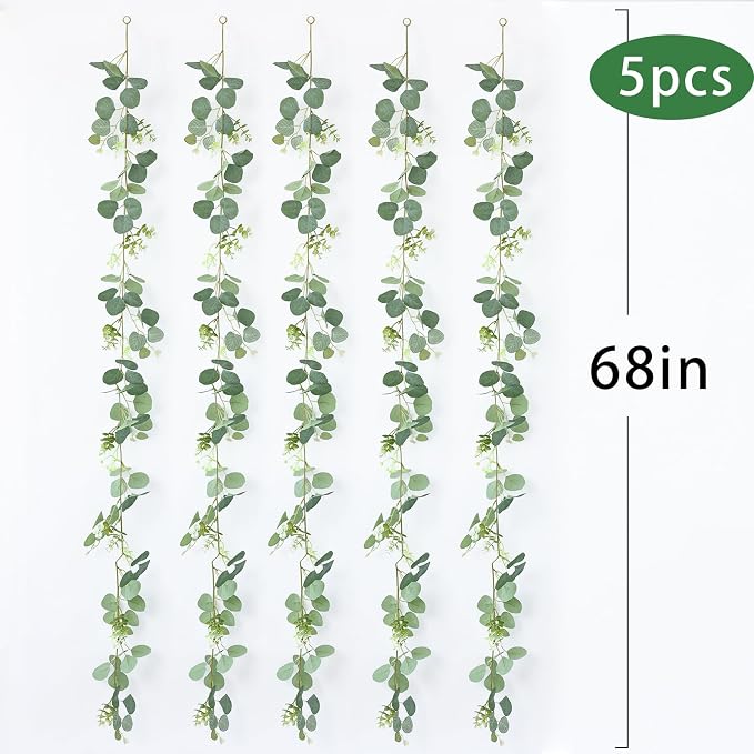 mizii 5 Packs 340" Artificial Vines Eucalyptus Garland Fake Vine with Silk Leaves Green Garland Faux Hanging Plants Greenery Decoration for Room Table Centerpieces Wedding Decor (Eucalyptus) - Image 2