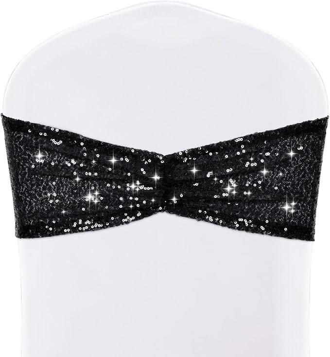 SquarePie Pack of 10 Sequin Chair Sashes Glitter Black Bows Bands for Wedding Banquet Party Decor by SquarePie