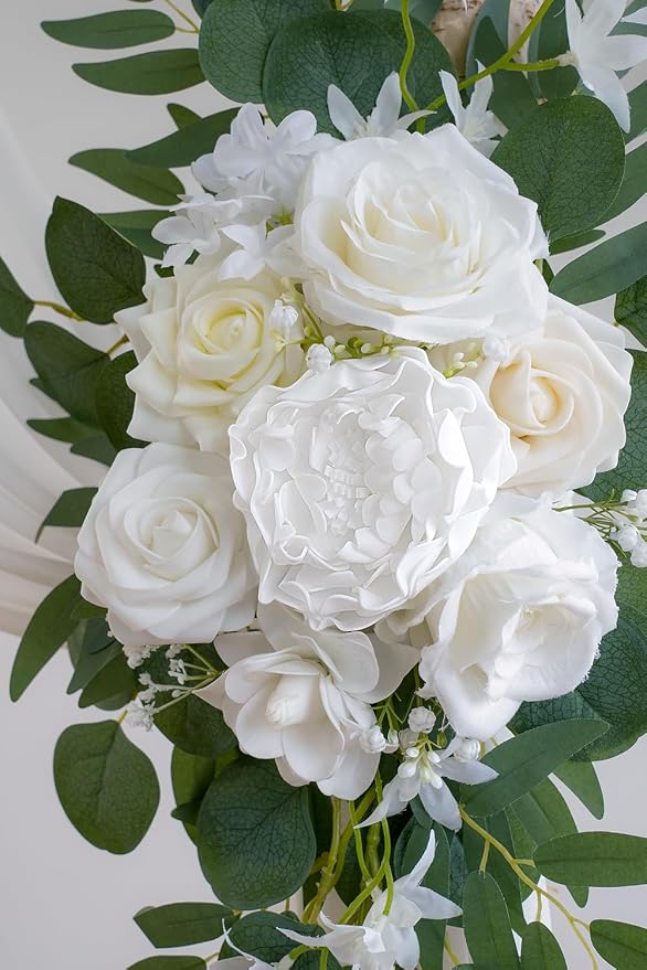 Olalaka White Artificial Wedding Arch Flowers Kit (Pack of 3) with 26Ft White Shiny Arch Draping Fabric for DIY Wedding Party Ceremony Reception Backdrop Floral Decoration - Image 5