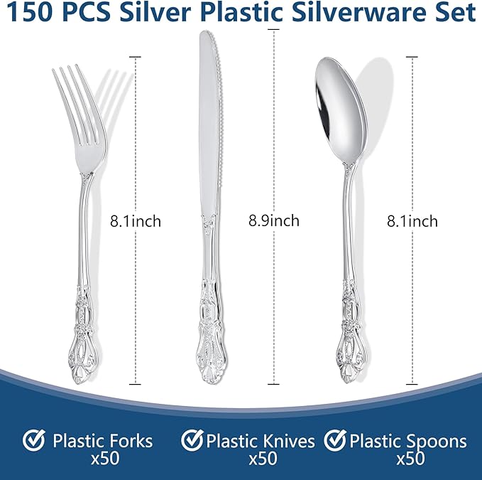 150PCS Silver Plastic Silverware - Heavy Duty Silver Disposable Cutlery - Fancy Plastic Utensils Flatware Include 50 Forks, 50 Spoons, 50 Knives for Catering, Parties, Dinners, Weddings
