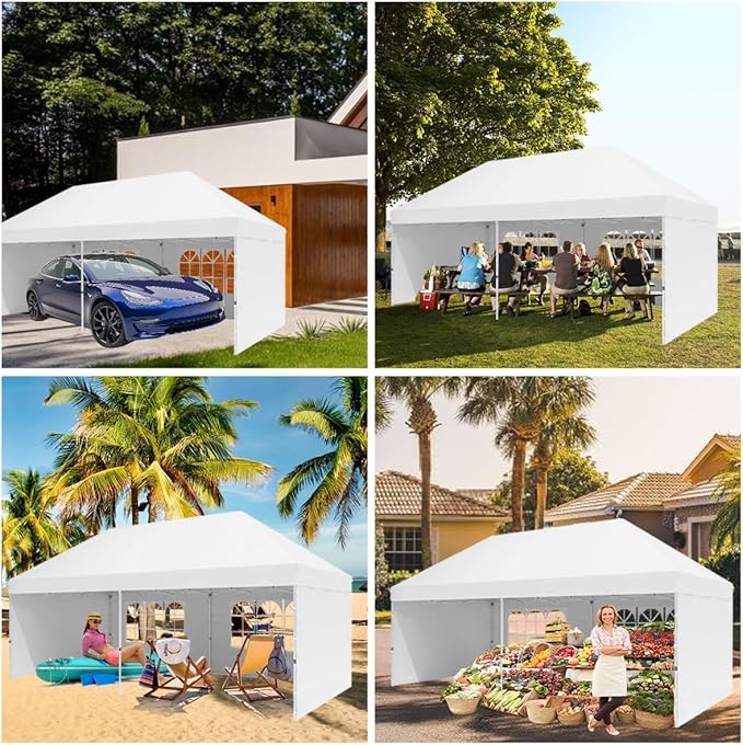 Eachbid 10' x 20' Pop Up Canopy Gazebo Commercial Tent with 4 Removable Sidewalls, Large Party Tent, Event Shelter Gazebo Canopy with 4 Sandbags, Stakes X12, for Patio Party Weddings Picnic (White)