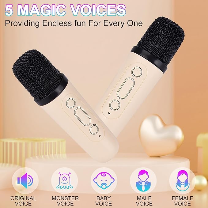 Karaoke Machine for Kids Adults, Mini Portable Bluetooth Karaoke Speaker with 2 Wireless Microphone and Lights,Toys for All Smartphones,Birthday, Family,Home Party Beige