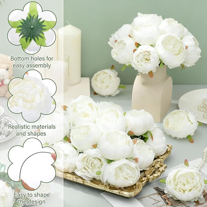 Suncalla 50 Pcs Artificial Peony Flower Heads 3.5 Inch with Stem, White | Realistic Faux Silk Peonies Bulk for DIY Wedding Bouquets, Table Centerpieces, Vase Arrangements, Bridal Party Home Decor - Image 3