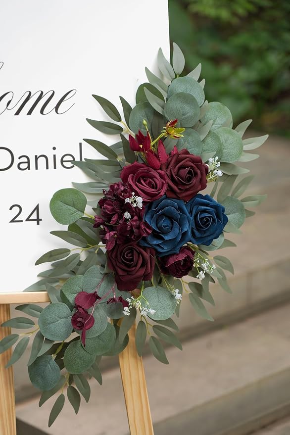 Olalaka Navy and Burgundy Flower for Wedding Welcome Signs Decorations, Artificial Burgundy Wedding Arch Flowers for Wedding Ceremony (Set of 2) - Image 5