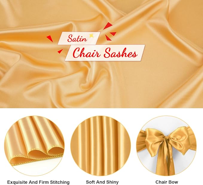 50 PCS Gold Satin Chair Sashes Bows Universal Chair Ribbon Ties Back Sash for Wedding Party Reception Events Banquets Hotel Event Chair Cover Decoration (7x108 inch) - Image 3